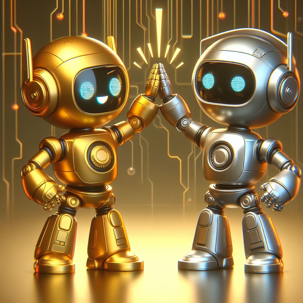 Two cute metallic robots, gold and silver, with glowing blue eyes on a golden sunburst background