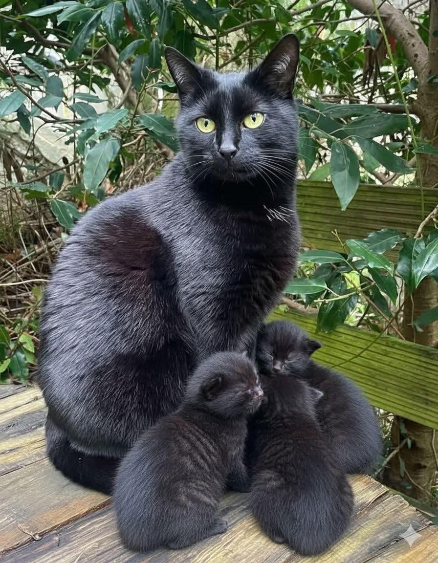 Black mother cat sitting on a wooden deck with small black kittens, green plants in background