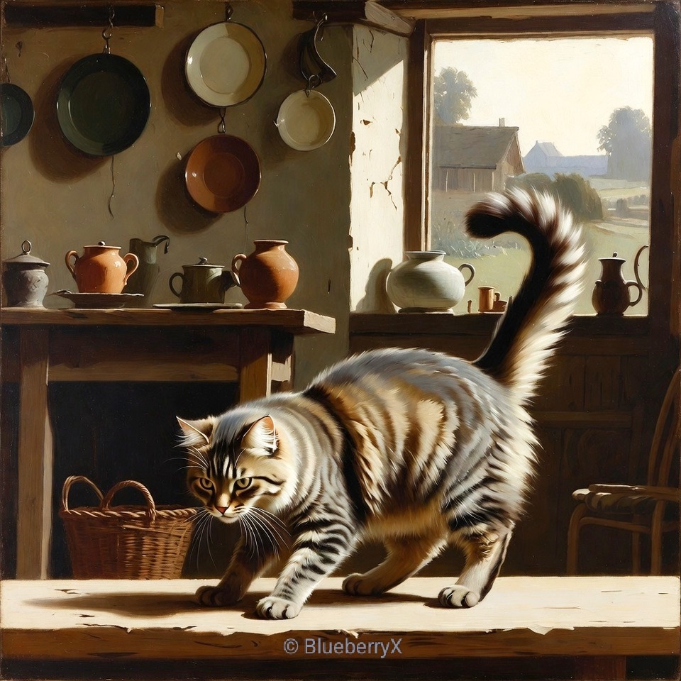 Tabby cat stretching on sunny windowsill in rustic kitchen with copper pots and pottery
