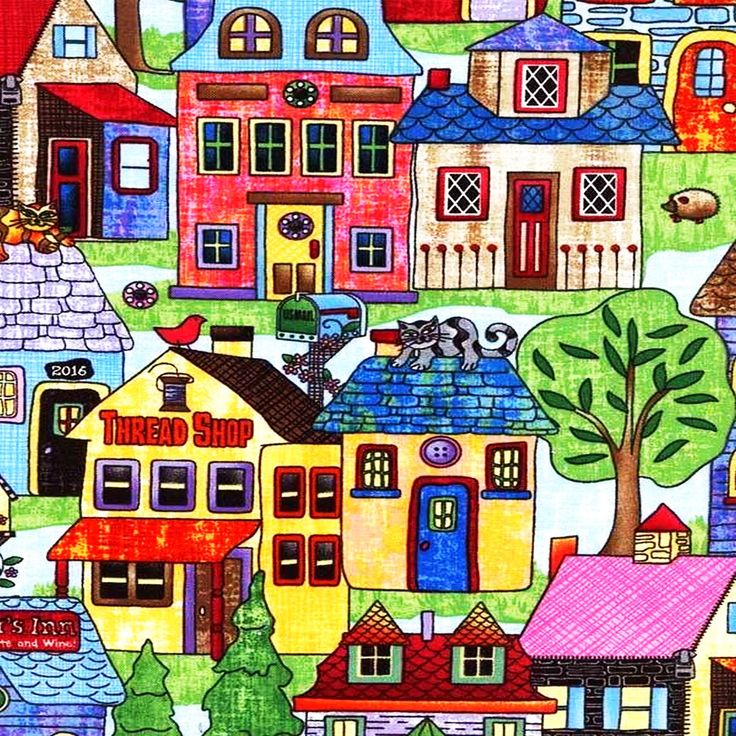 Colorful folk art illustration of a village with various houses, shops, trees, and a canal in bright primary colors
