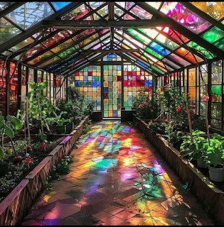 Greenhouse with stained glass roof casting rainbow light patterns on walkway, plants on both sides