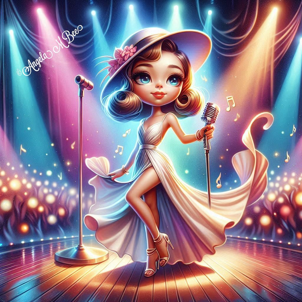 Stylized woman in a flowing dress performing on a lit stage with microphones and musical notes