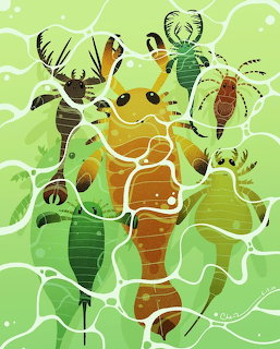 Colorful illustration of several sea scorpion species in grens, oranges, and browns against a light green background