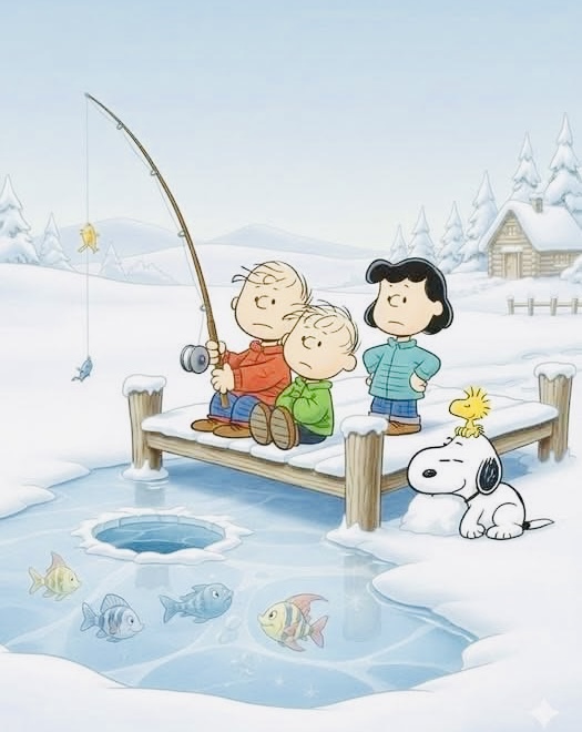 Peanuts characters ice fishing on frozen pond in winter scene