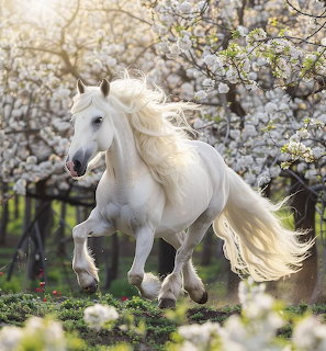 White horse running through blooming spring orchard with pink and white flowers