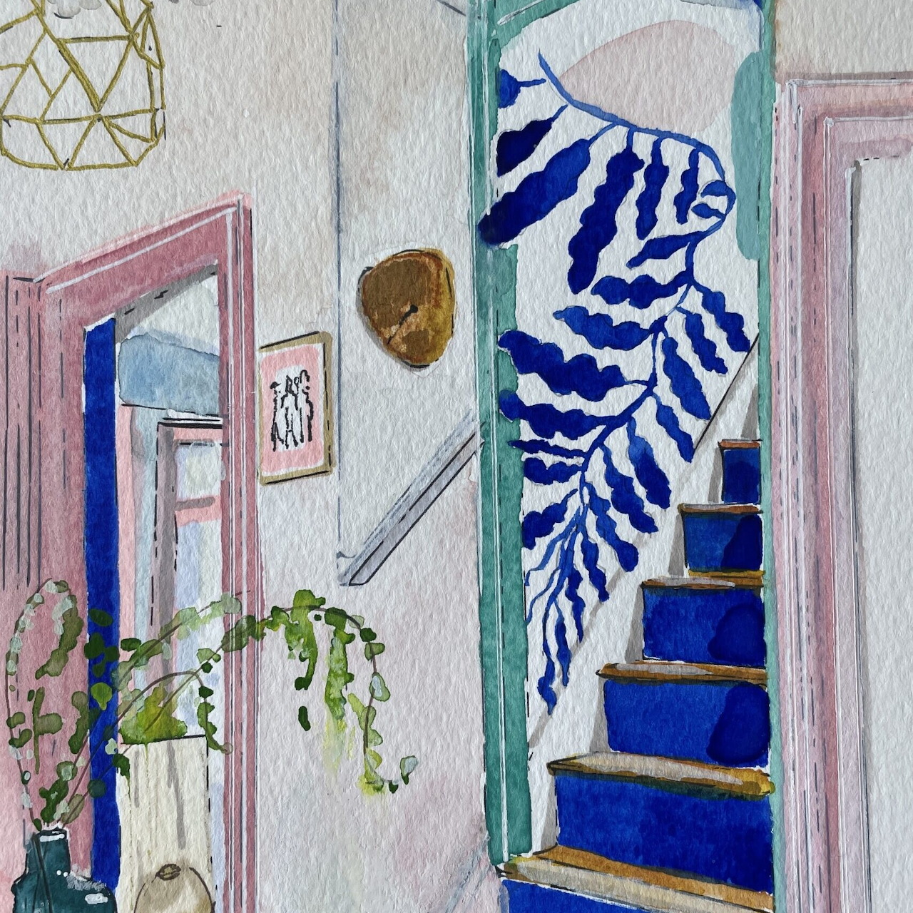Watercolor interior painting showing blue stairs, pink door, geometric decorations, and blue-white striped wall art