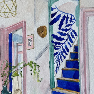 Watercolor Interior with Blue Staircase