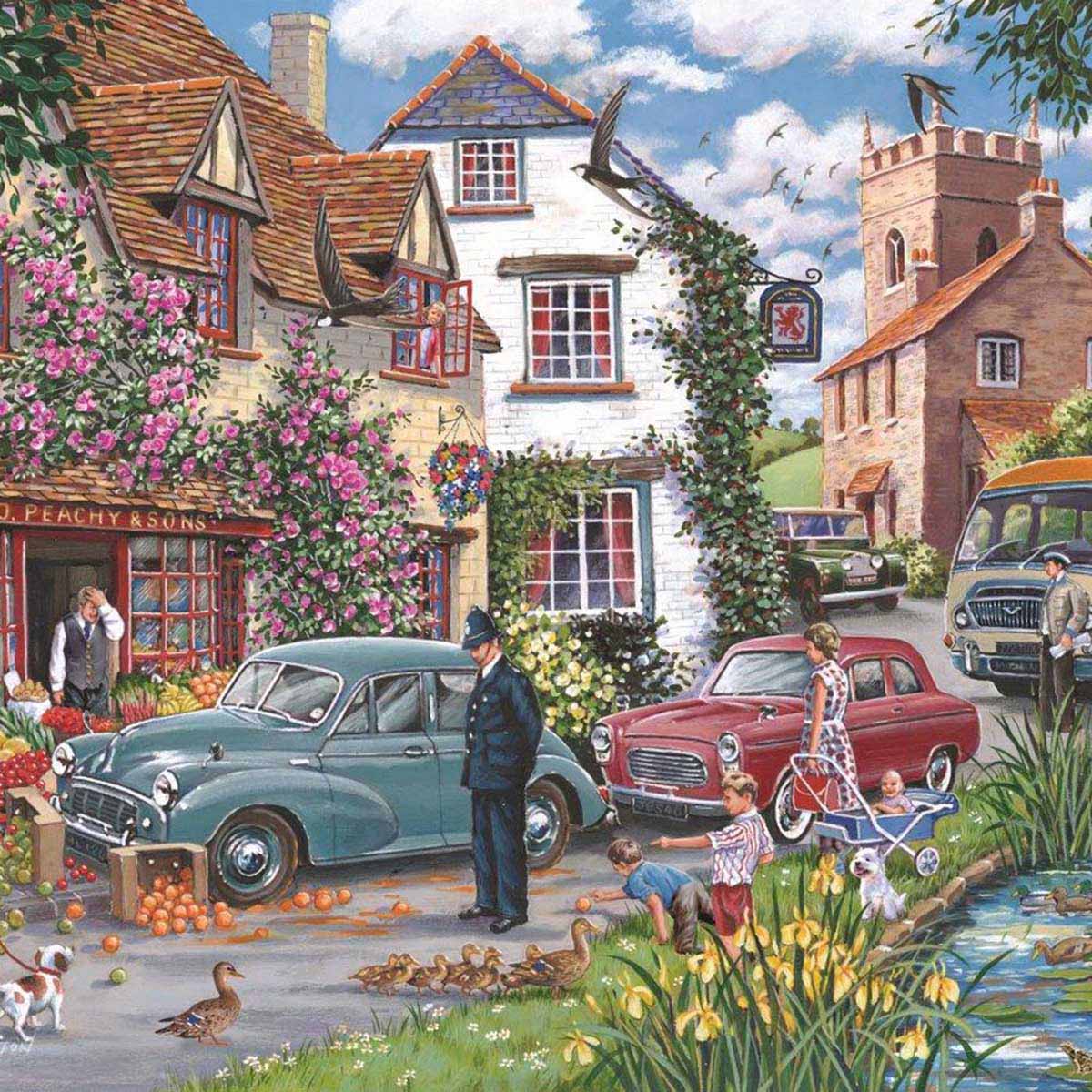 Idyllic village scene with historic buildings, classic cars, blooming flowers, and ducks by a pond