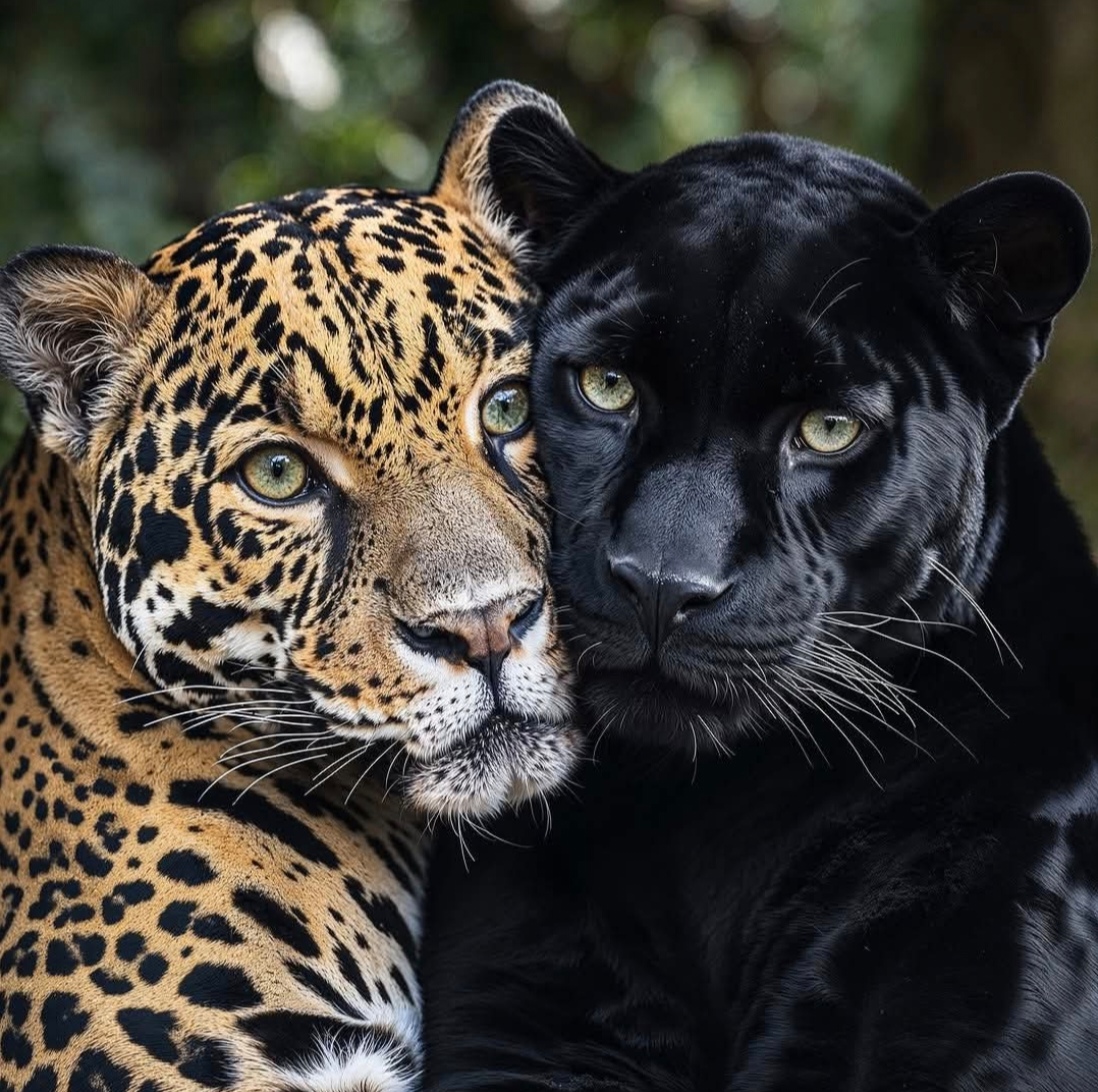 Spotted leopard and black panther side by side looking at camera