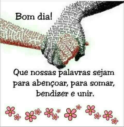 Two hands shaking made of text mosaic with Portuguese quote and pink flowers below