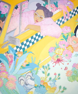 Illustration of woman reclining with pink flowers and checkered pattern on pastel yellow and mint background