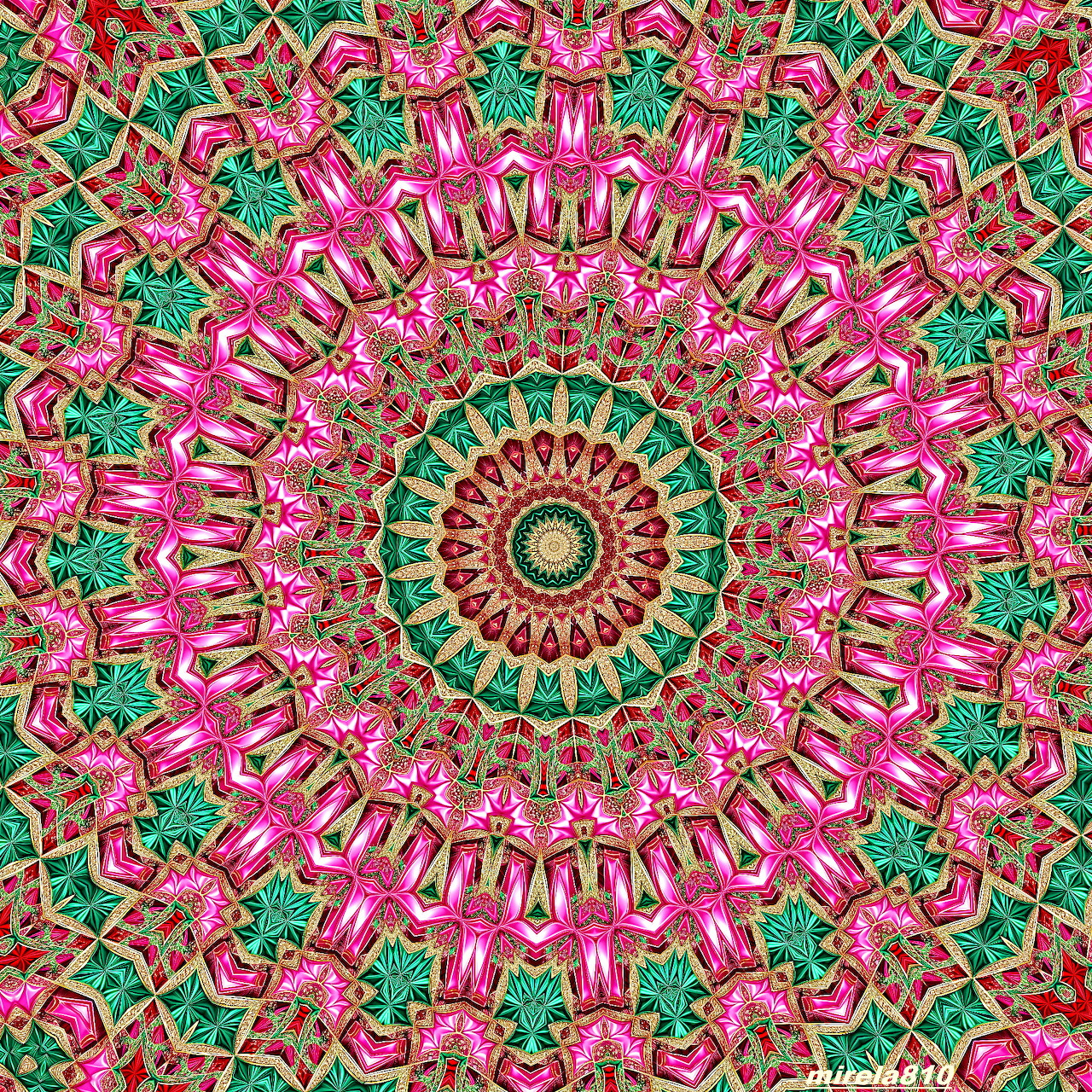 Ornate mandala with pink and teal geometric patterns in radial symmetry