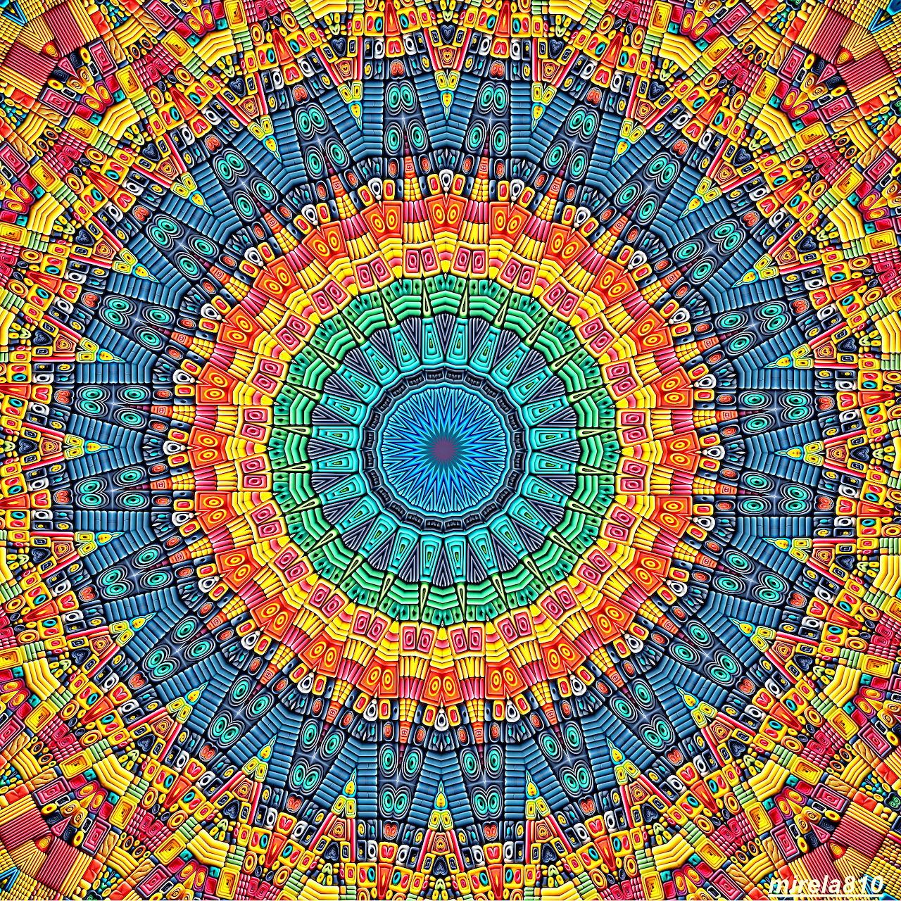 Detailed mandala with concentric circles of geometric patterns in bright rainbow colors