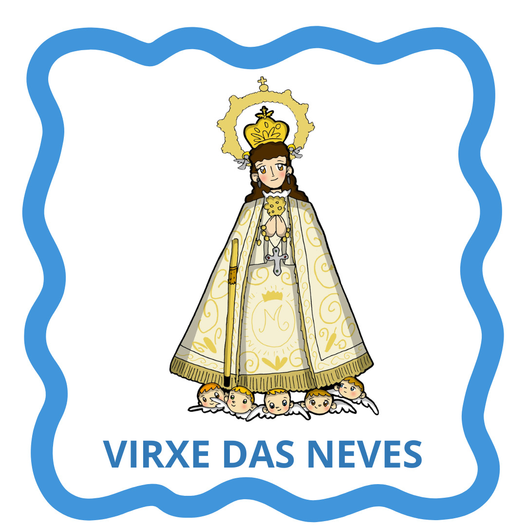 Illustration of Virxe das Neves, a crowned Virgin Mary figure with halo and robe on a white background
