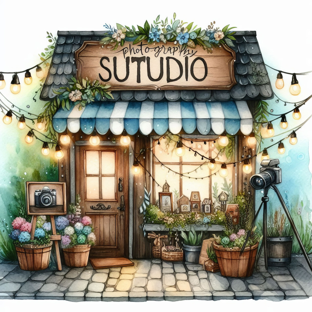 Whimsical illustrated photography studio storefront with flowers, vintage cameras, and warm lighting