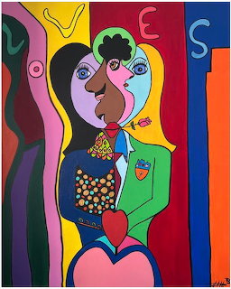 Colorful abstract painting of a stylized face and figure with bold shapes and surreal details