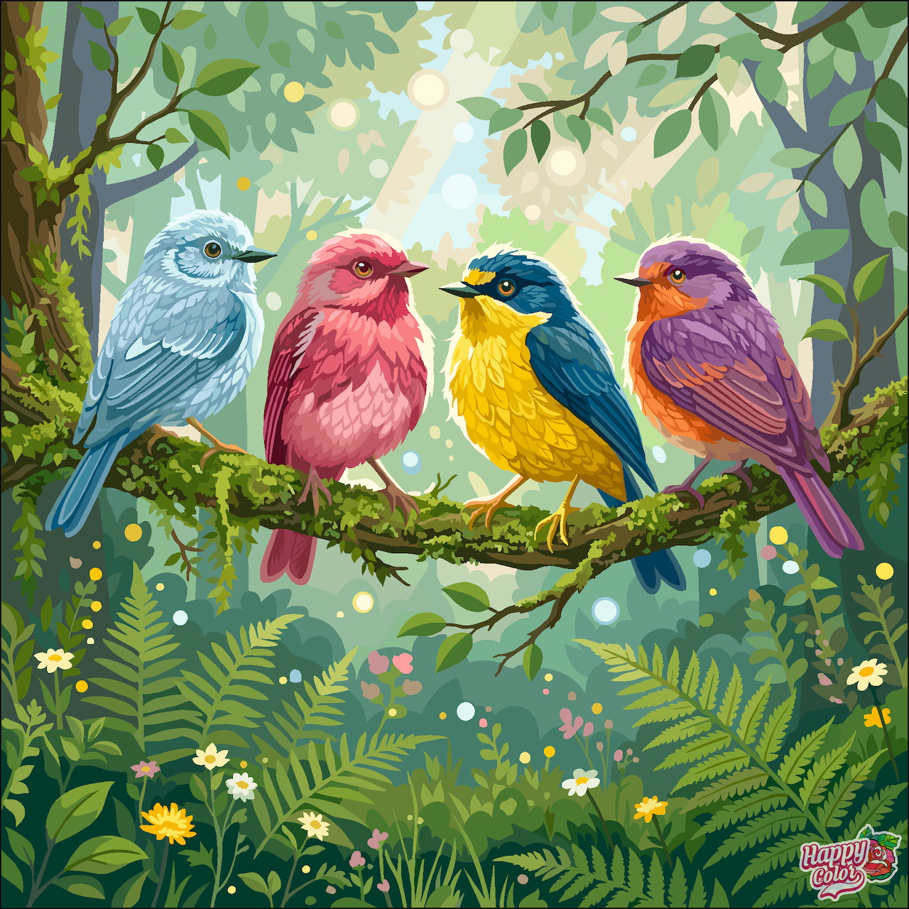 Illustration of four colorful birds perched on a branch in a lush green forest