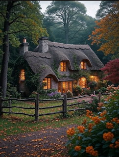 Stone cottage with thatched roof and lit windows at twilight, framed by autumn trees and wooden fence