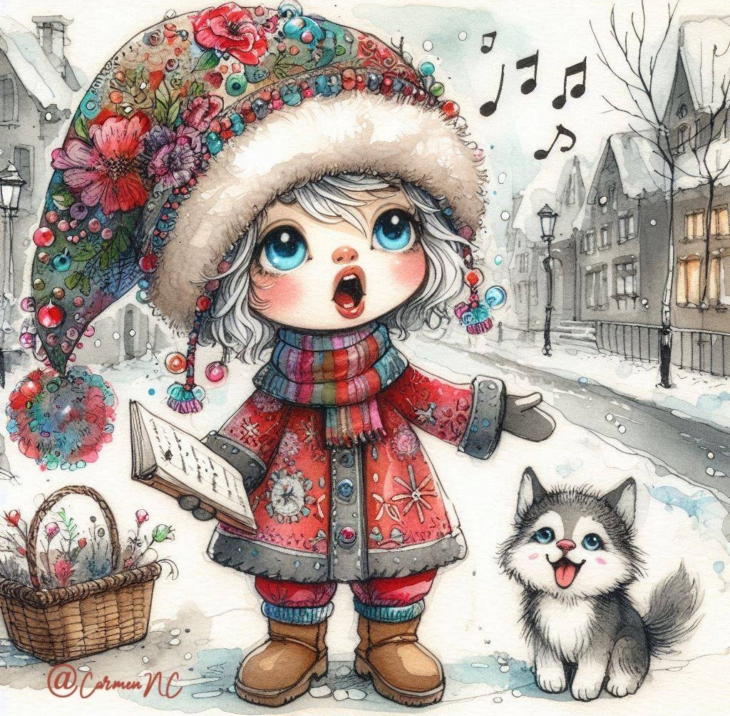 Cartoon girl in red coat and floral hat singing carols in snow with a husky puppy beside her