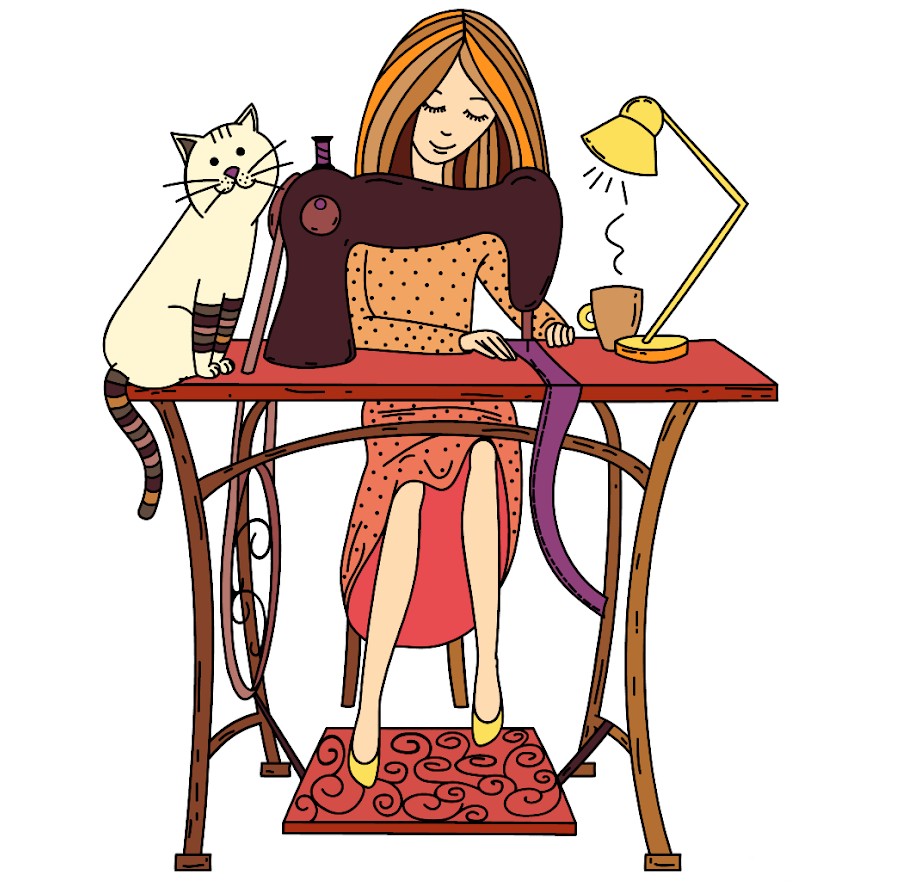Illustration of a woman sewing at a machine with a cat on the table