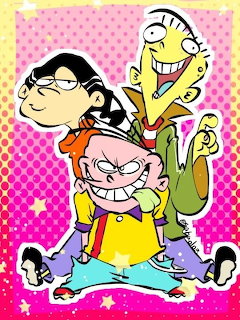 Three cartoon characters from Ed, Edd n Eddy stacked in a playful pose against pink polka dots