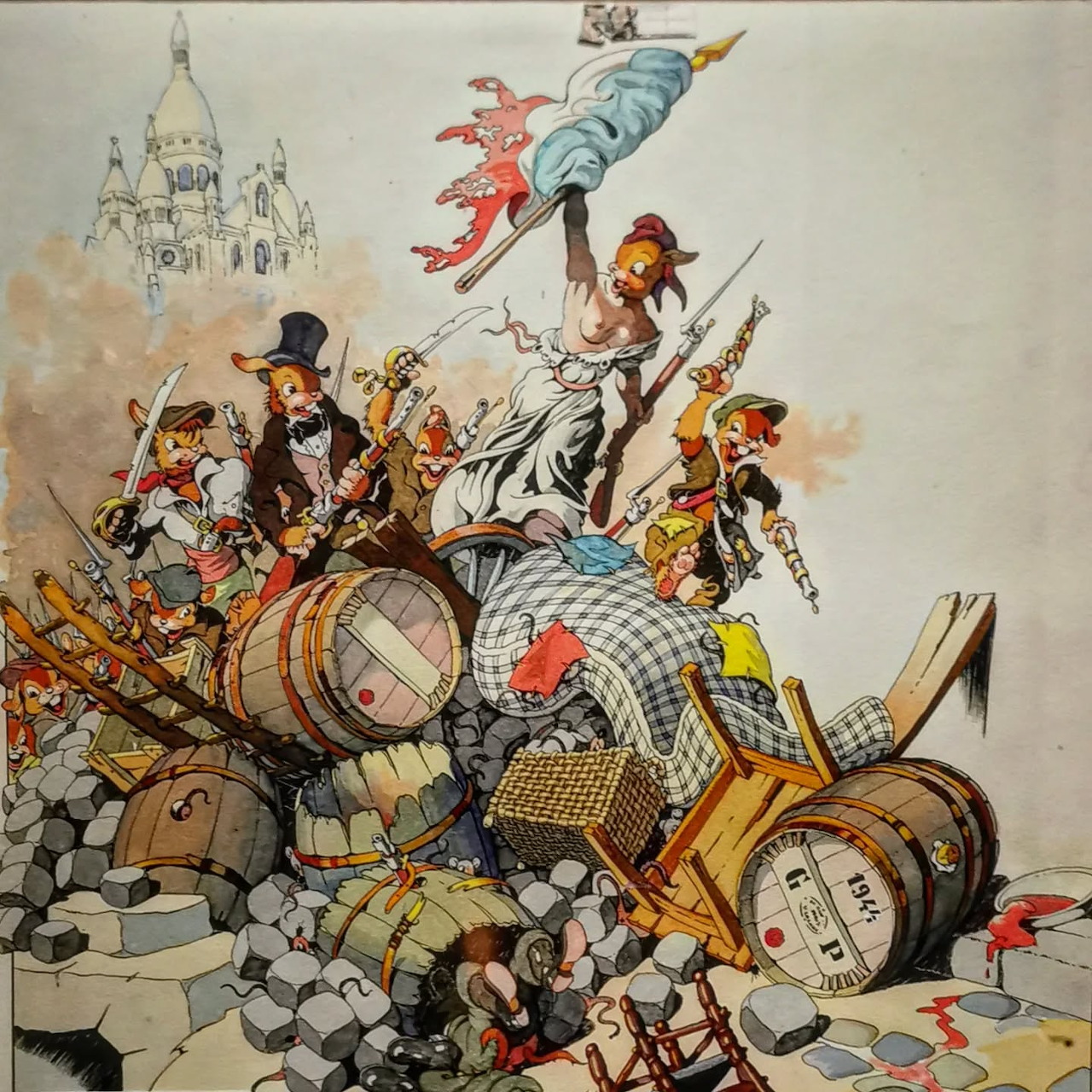 Illustration of a historical barricade with armed fighters, flags, rubble, and broken barrels