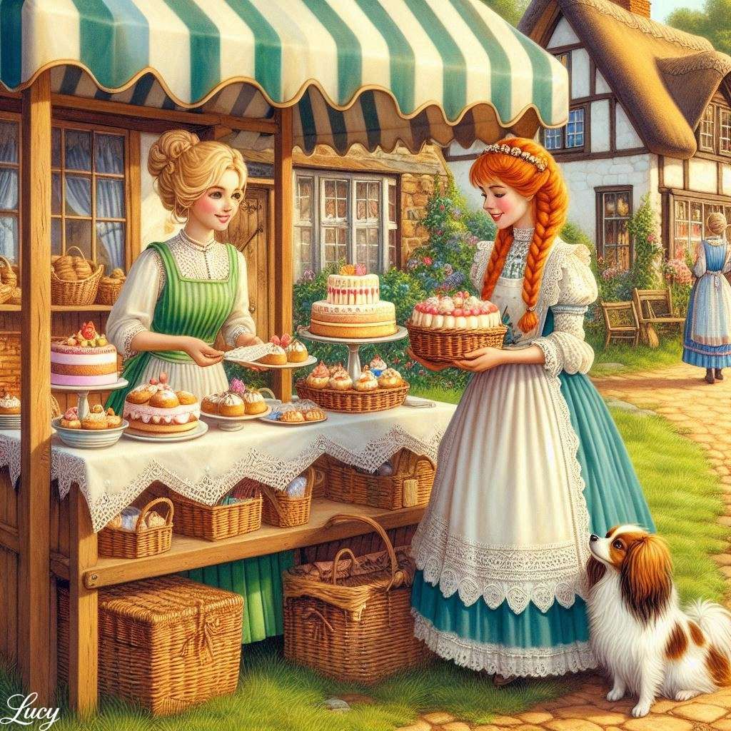 Two women in vintage dresses at outdoor bakery stall with cakes and pastries, cottage background