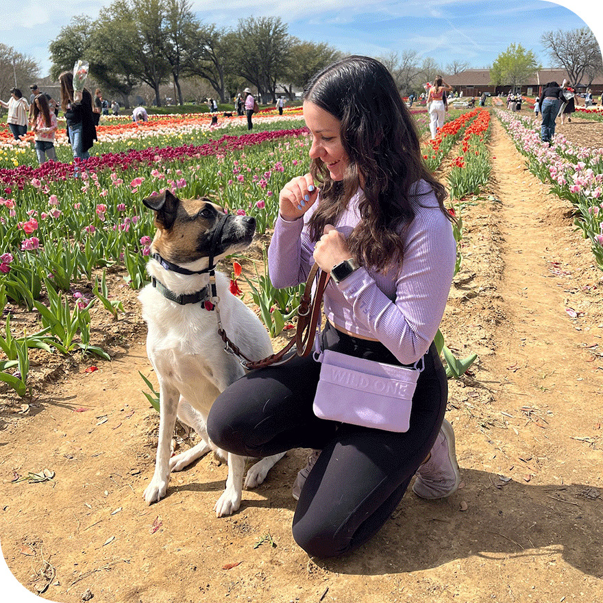 Woman in pink jacket crouching with tan and black dog among colorful blooming tulips outdoors