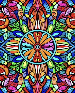 Colorful symmetrical mandala with stained glass style patterns in rainbow hues and black borders