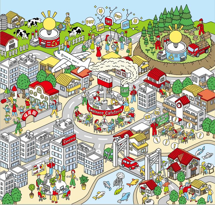 Colorful cartoon city map with buildings, roads, people, animals, and many small detailed scenes