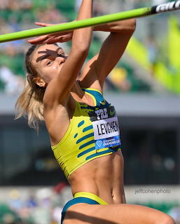 Female high jumper in yellow uniform arching backwards over bar during competition