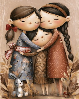 Illustration of three young girls hugging closely with a small bunny on the ground.