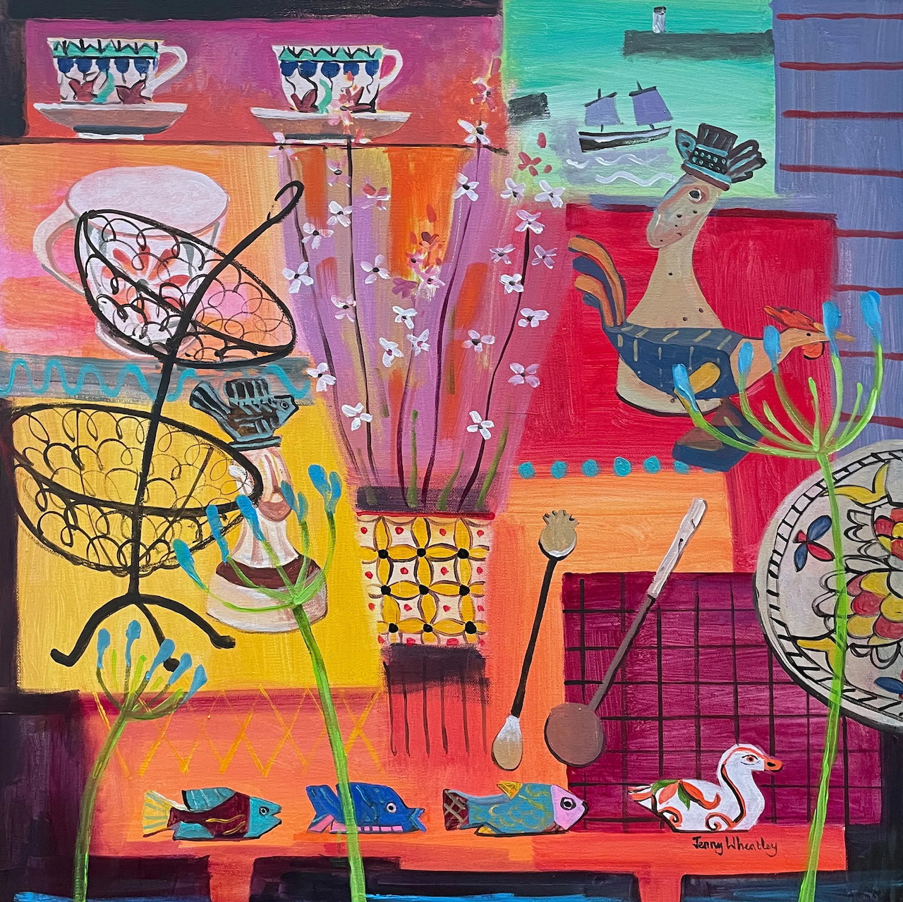 Colorful still life painting with flowers, dishes, a rooster, and bright abstract patterns
