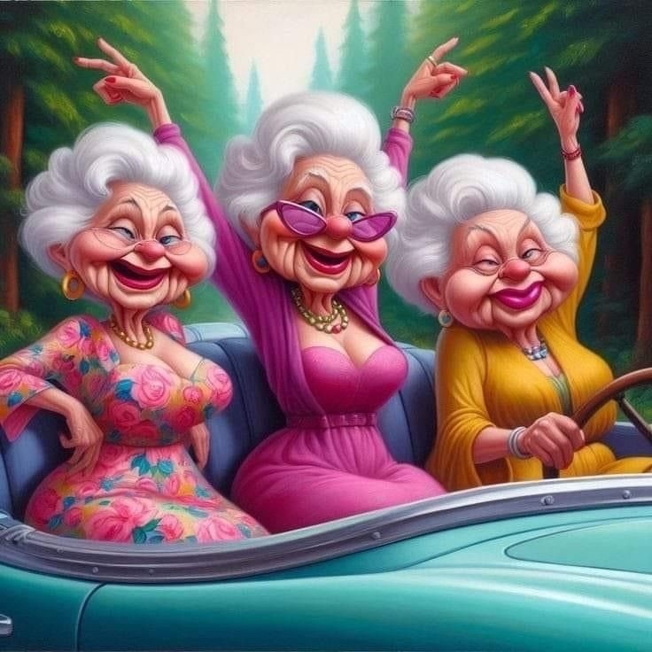Three cheerful elderly women waving from a turquoise convertible, wearing colorful dresses, smiling broadly