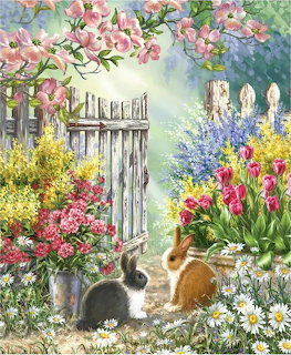 Two rabbits near a wooden garden gate surrounded by colorful spring flowers and greenery