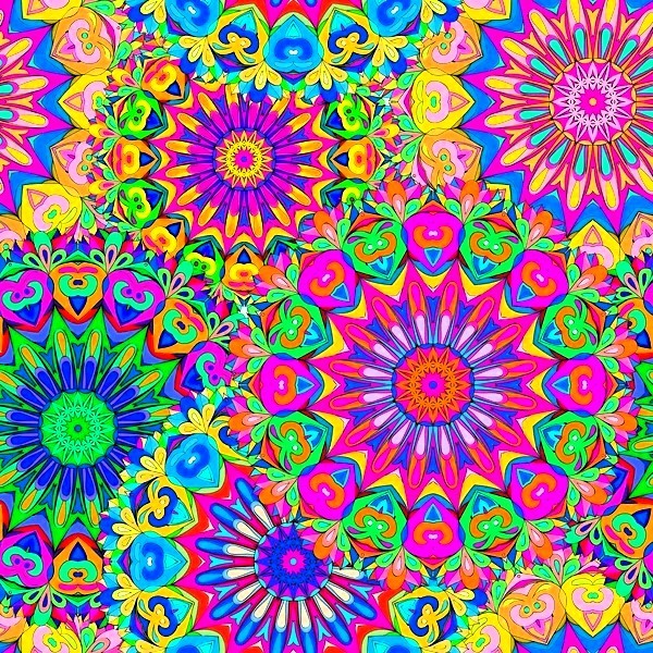 Bright neon mandala pattern with symmetrical floral and geometric designs in multiple vivid colors