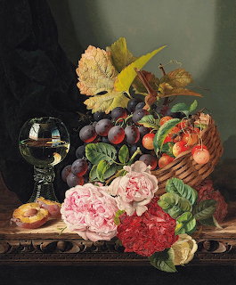 Classical still life painting with roses, grapes, cherries, a wine glass, and fruit on a wooden table