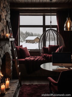 Cozy dark cabin interior with hanging chair, candles, and snowy winter view through large window