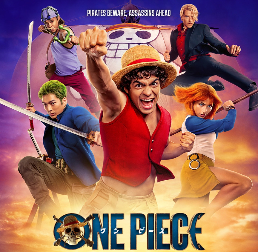 One Piece live action poster with five characters in colorful costumes posed dramatically against sunset sky
