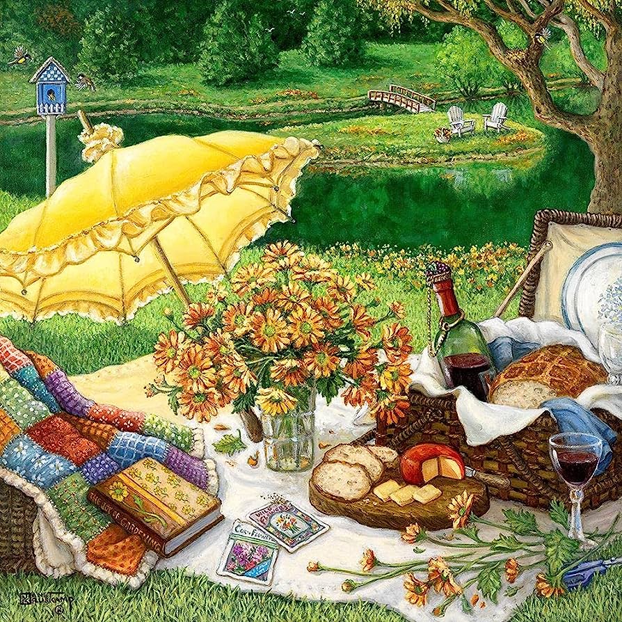 Garden picnic painting with yellow umbrella, flowers, bread, wine, quilt, and pond