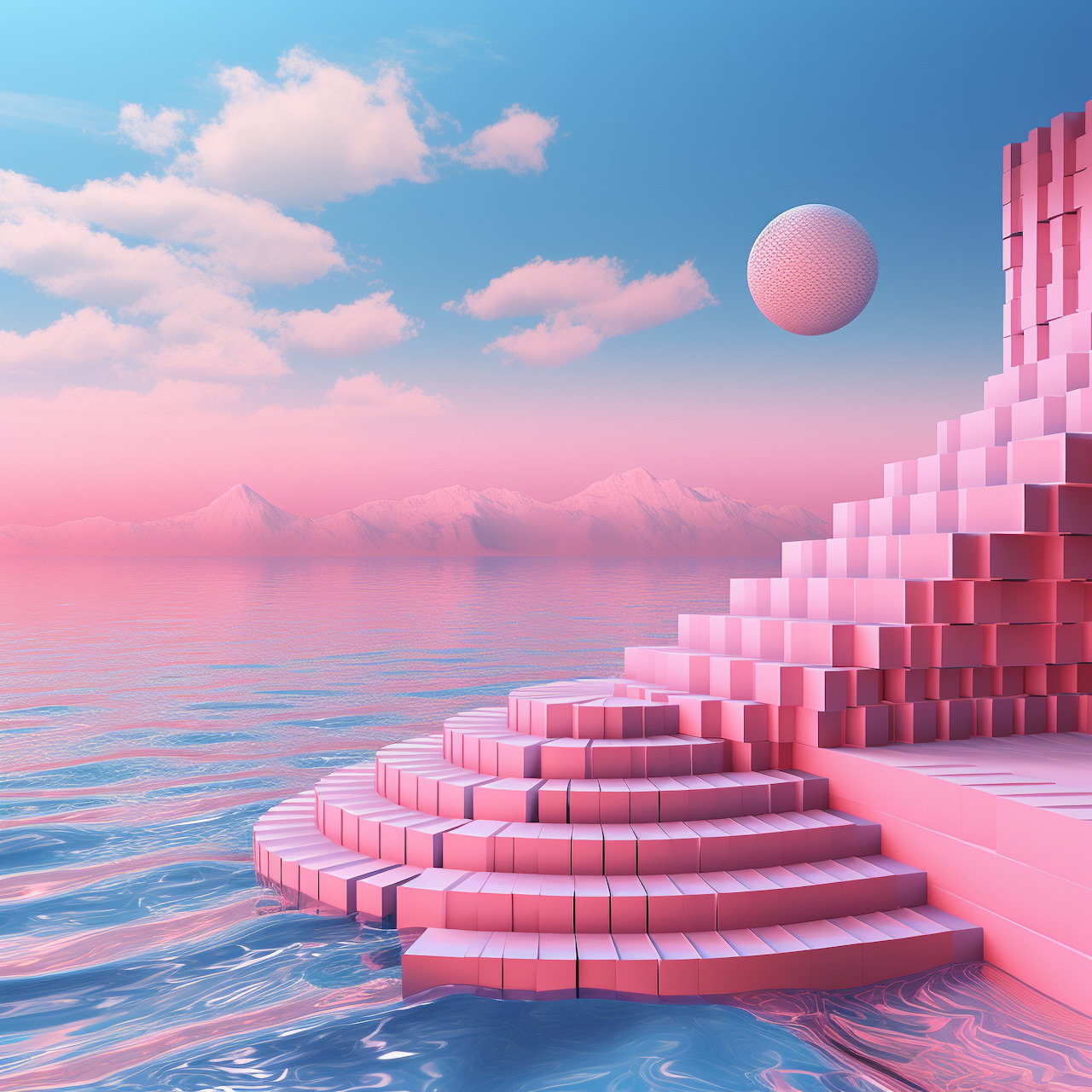 Surreal pink stairs over blue water with pastel clouds and a floating sphere