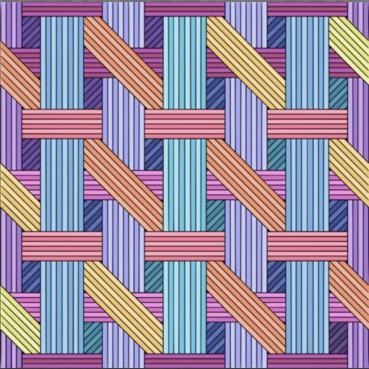 Abstract woven pattern of striped bands in pink, blue, purple, and yellow