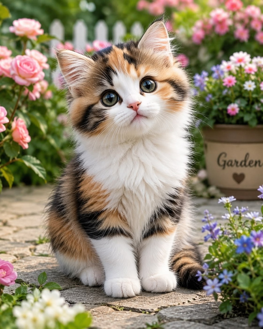 Cute calico kitten sitting on garden stone path surrounded by pink roses and flowers