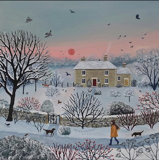 Painting of a snowy cottage with bare trees, birds, and people walking dogs in a winter landscape