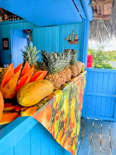 Pineapples and papayas on a colorful tablecloth at a bright blue tropical fruit stand