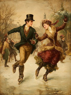 Victorian couple in elegant attire skating together on ice, surrounded by other people in winter scene