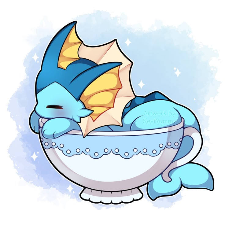 Blue aquatic Pokémon Vaporeon curled up inside a white ornate teacup with soft blue background