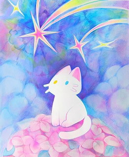White cat sitting on pink hydrangea flowers under a pastel rainbow sky with shining stars
