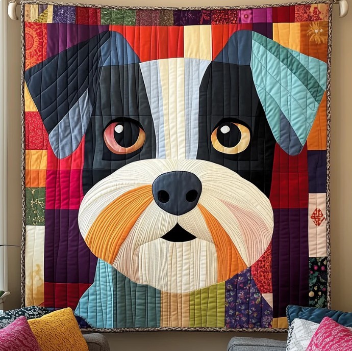 Patchwork quilt depicting a dog face with colorful geometric fabric pieces