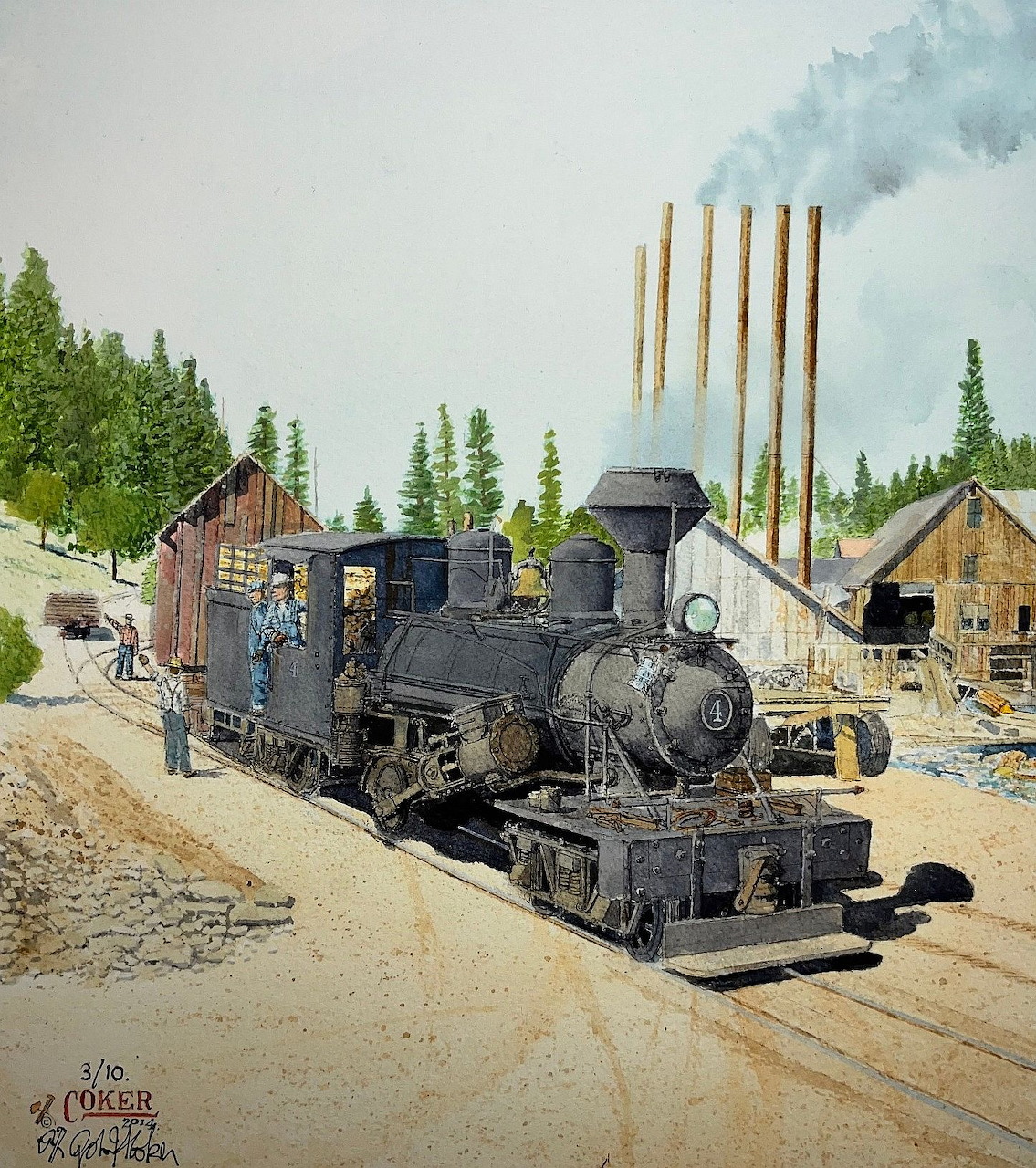 Black steam locomotive with smoke at industrial mill site surrounded by pine trees and wooden structures